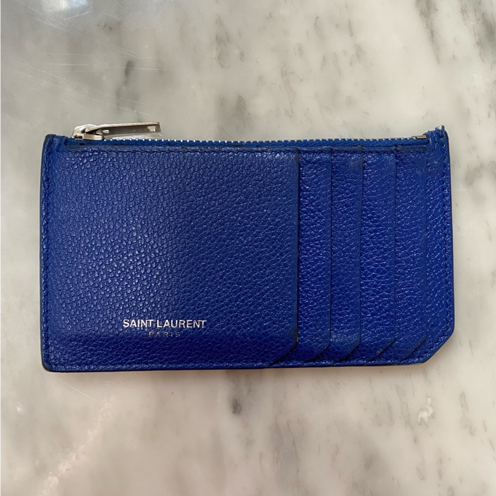 Full inclusion Saint Laurent embossed zipped card holder, blue grained leather